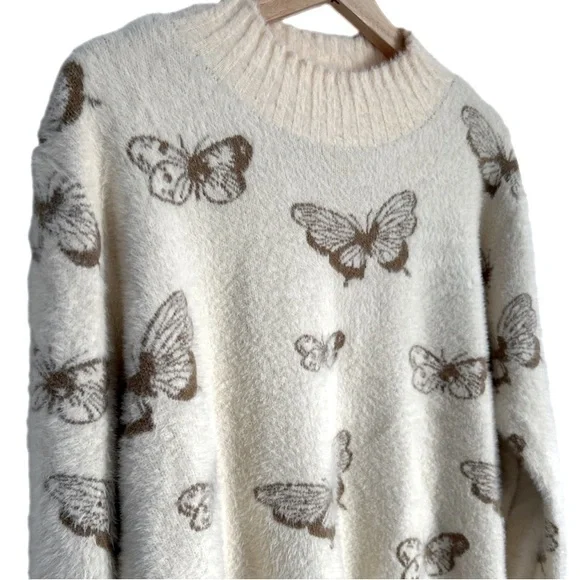 Sioni Butterfly Print Cream & Brown Mock Neck Sweater New With Tag Extra Large - Picture 3 of 16